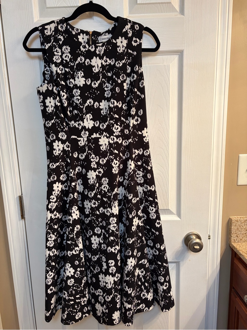 Calvin Klein Black and White Floral Fit-and-Flare Dress